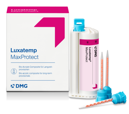 Luxatemp MaxProtect | Langzeitprovisorium | maximale Stabilität und hochästhetische Versorgung Verpackung, Kartusche, Tip