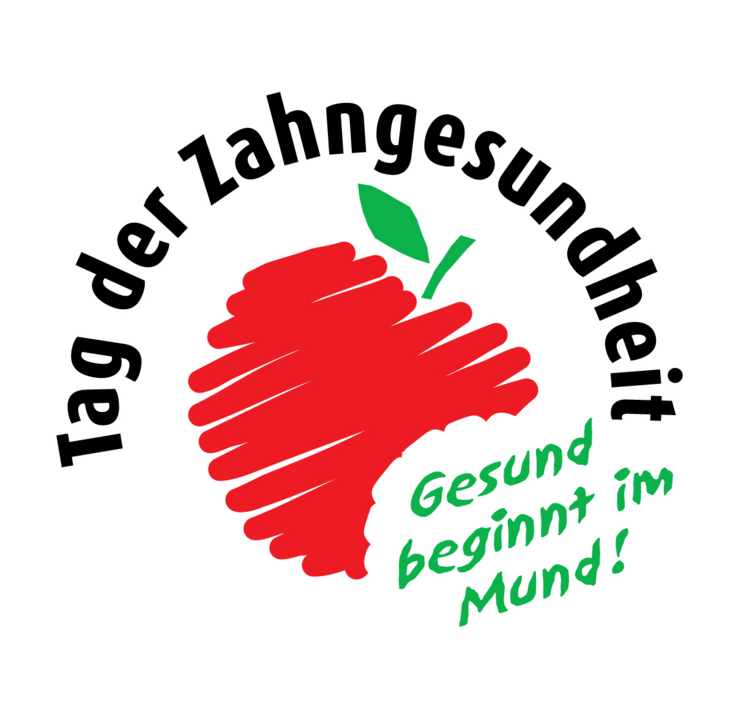 Das Logo vom Tag der Zahngesundheit 2023: Ein illzstrierter Apfel mit dem Motto "Gesund beginnt im Mund"