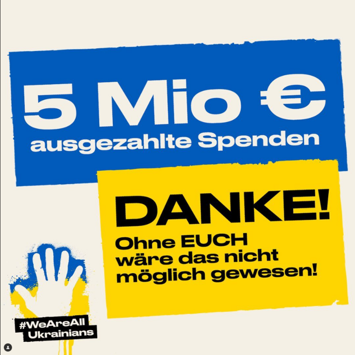 Blau-gelb gestaltete Danksagung der gemeinnützigen Initiative #WeAreAllUkrainians für 5 Millionen Euro an Spenden