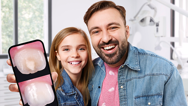 vater und Tochter, auf dem Smartphone der Tochter  ein Vorher-Nachher-Bild ihrer Zähneein Bild